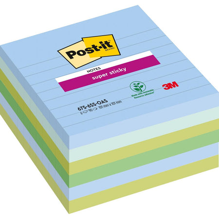 Post-it Super Sticky -  Super Sticky notes XL Oasis, 90 vel, ft 101 x 101 mm, gelijnd, geassorteerde kleuren, pak van 6 b