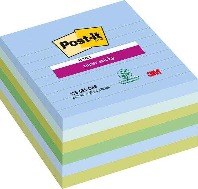 Post-it - Super Sticky notes XL Oasis, 90 vel, ft 101 x 101 mm, gelijnd, geassorteerde kleuren, pak van 6 b