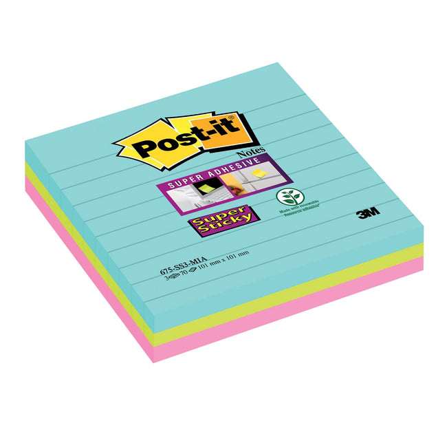 Post-it Super Sticky - Notes super collantes XL Cosmic, 70 feuilles, pi 101 x 101 mm, lignées, couleurs assorties, paquet de 3
