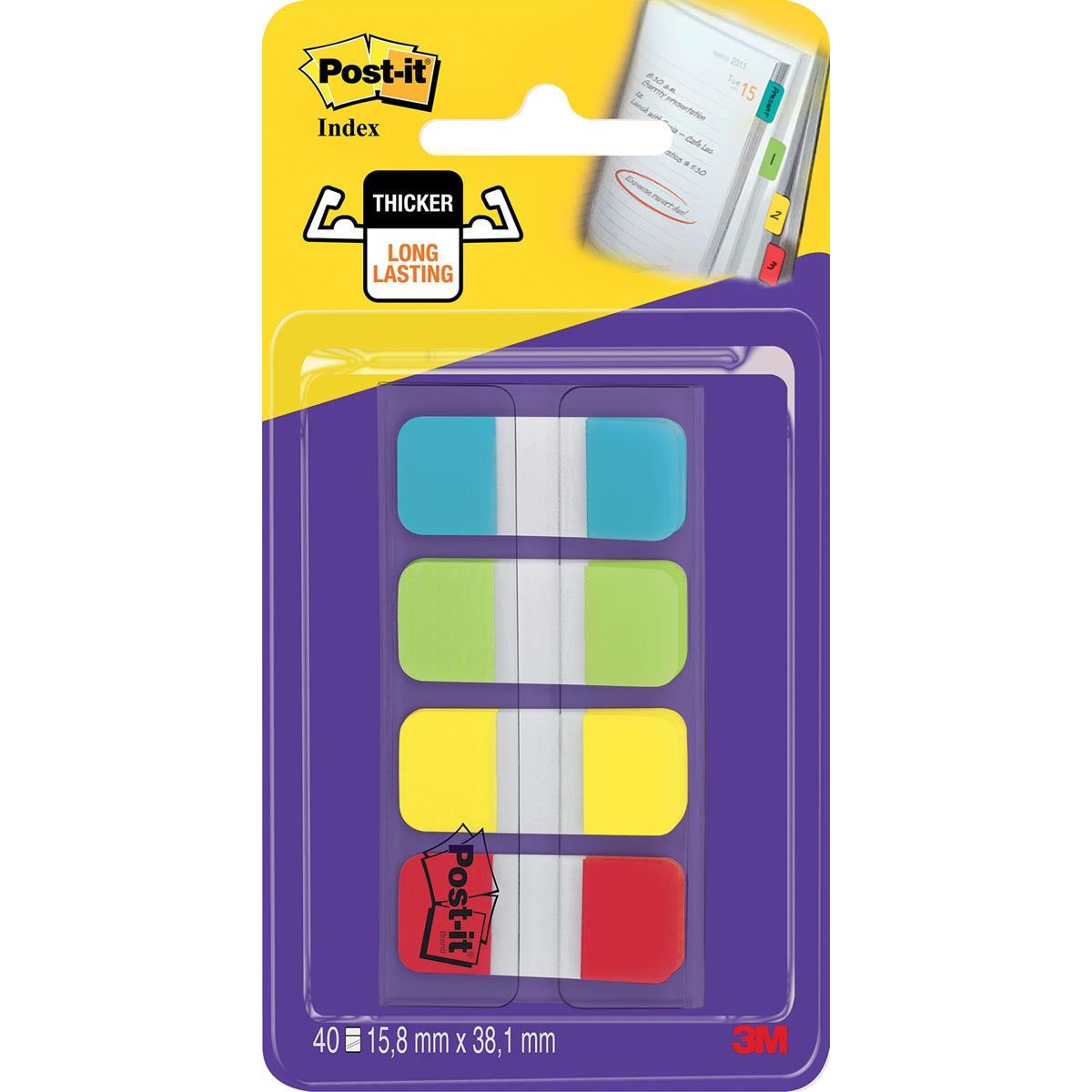 Post -it - Index Strong, Ft 15,8 x 38,1 mm, cloqueux avec 4 couleurs, 10 onglets par couleur