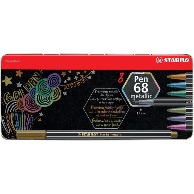 Stabilo - stylo 68 Felt métallique -Tip, 8 couleurs, boîte en métal de 8 pièces