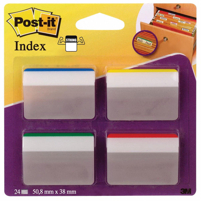 Post-it - Index Strong, pi 50,8 x 38 mm, pour dossiers suspendus, jeu de 24 onglets, 4 couleurs, 6 onglets par couleur