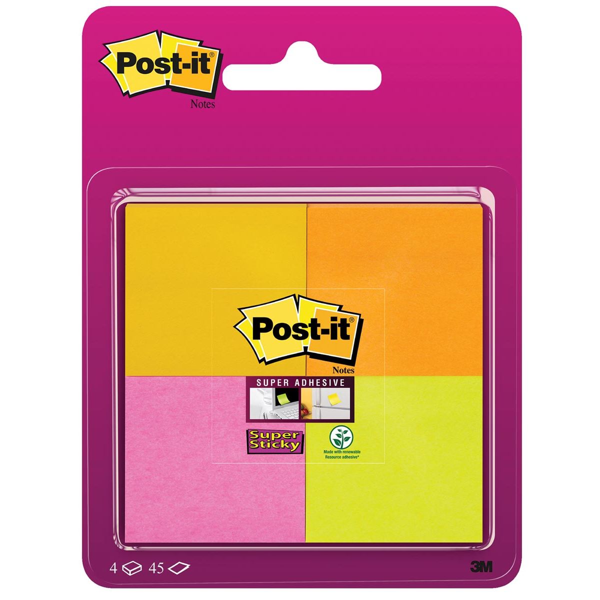 Post-it Super Sticky -   notes, 45 vel, ft 47,6 x 47,6 mm, blister van 4 blokken in geassorteerde kleuren