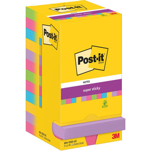 Post-it Super Sticky -   Notes, 90 vel, ft 76 x 76 mm, assorti, pak van 12 blokken
