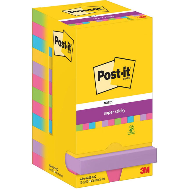 Post-it - Bloc-notes 654 Super Sticky 76x76mm 90 feuilles arc-en-ciel 12 pièces