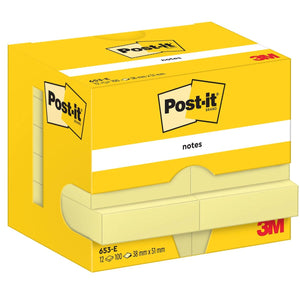 Notes Post-it - , 100 feuilles, ft 38 x 51 mm, jaune, paquet de 12 blocs