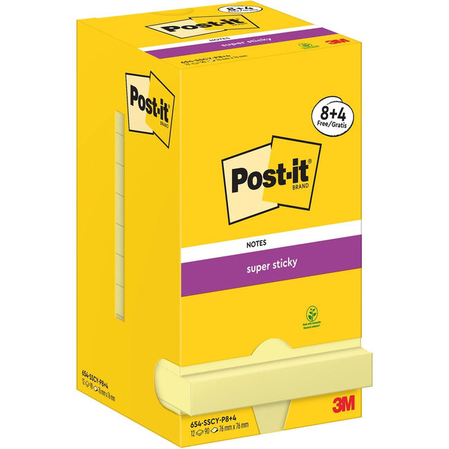 Post-it-Post-it Super Sticky Notes, 90 feuilles, ft 76 x 76 mm, jaune, 8 + 4 gratuitement