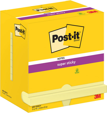 Post-it - Bloc-notes 655 Super Sticky 76x127mm Jaune canari 12 pièces