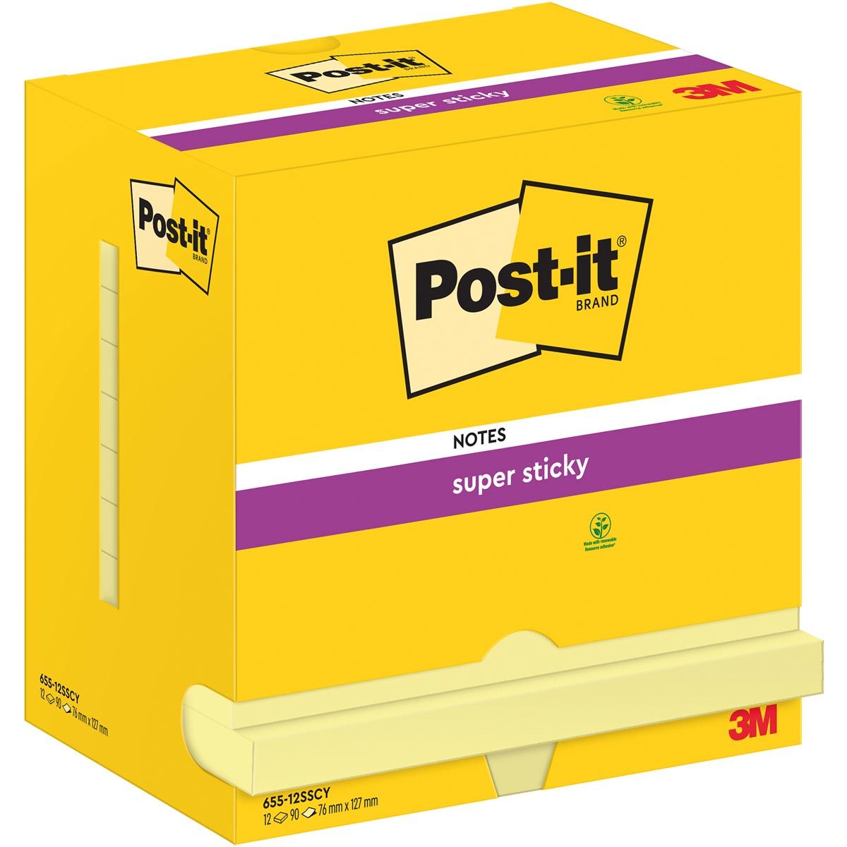 Post-it - Bloc-notes 655 Super Sticky 76x127mm Jaune canari 12 pièces