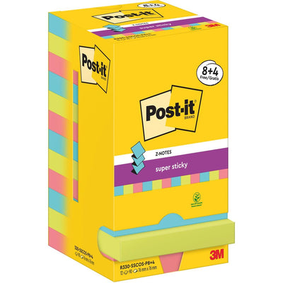 Post-it Super Sticky -   Z-Notes Cosmic, 90 vel, ft 76 x 76 mm, 8 + 4 GRATIS