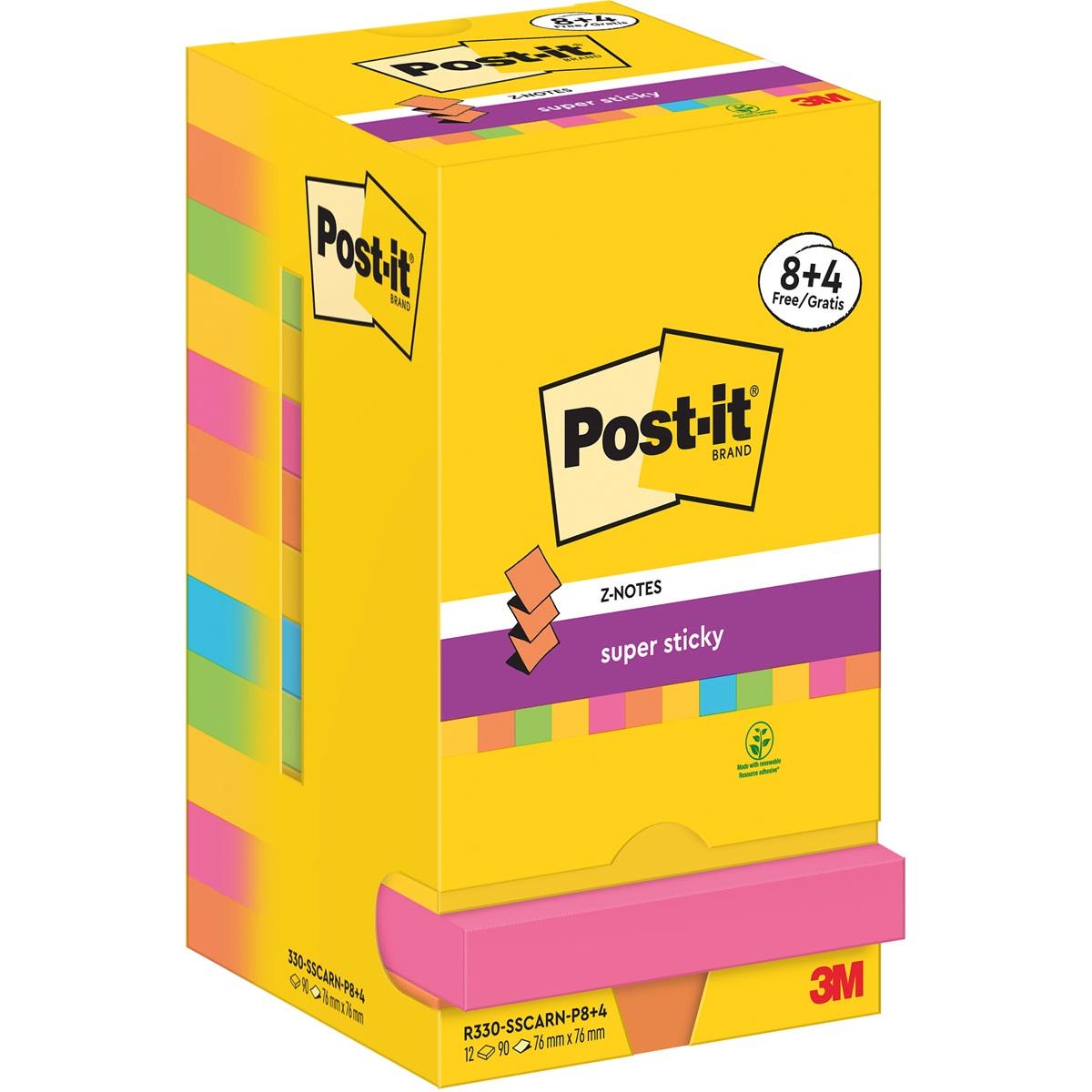 Post-it Super Sticky – Z-Notes Carnival, 90 Blatt, 76 x 76 mm, 8 + 4 GRATIS