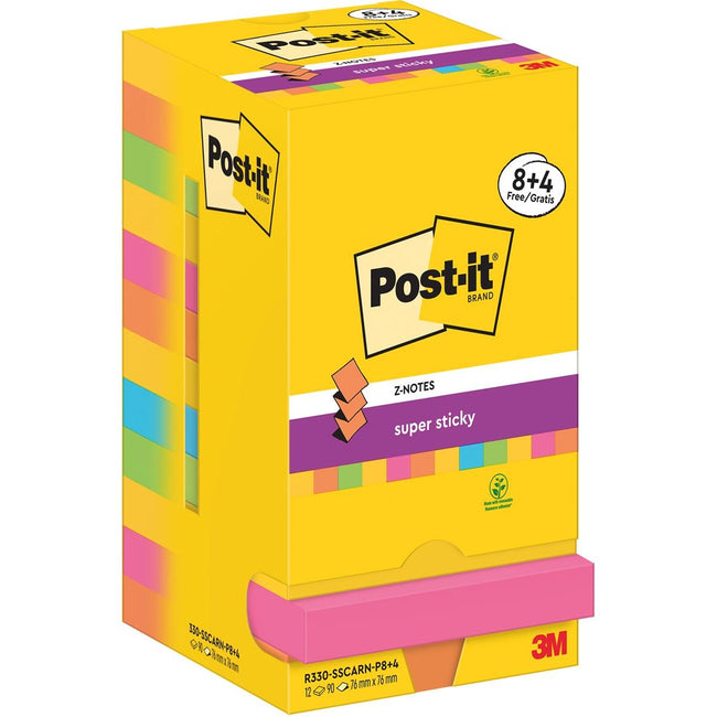 Post-it Super Sticky – Z-Notes Carnival, 90 Blatt, 76 x 76 mm, 8 + 4 GRATIS
