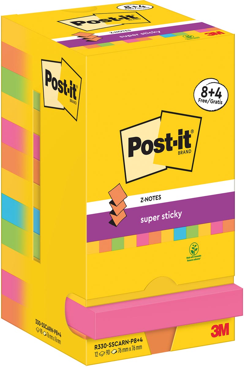 Post-it Super Sticky - Z-Notes Carnival, 90 feuilles, pi 76 x 76 mm, 8 + 4 GRATUITS