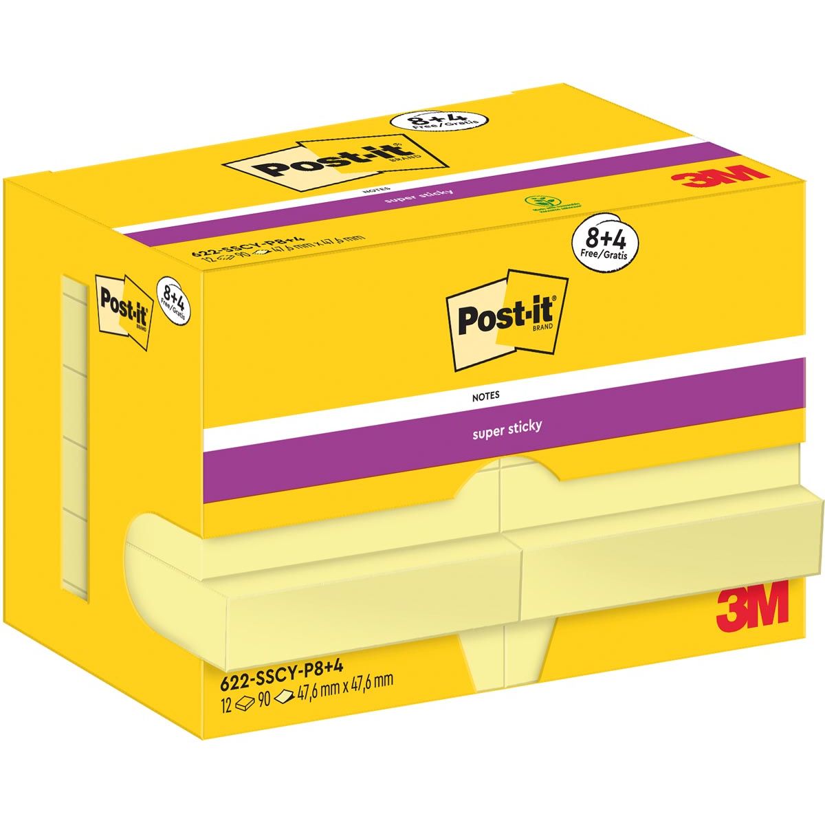 Post-it - Super Sticky Notes, 90 feuilles, pi 47,6 x 47,6 mm, jaune, 8 + 4 GRATUITS