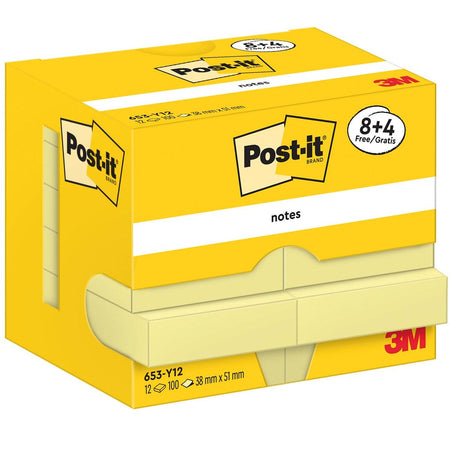 Notes Post-it - , 100 feuilles, pi 38 x 51 mm, jaune, 8 + 4 GRATUITS