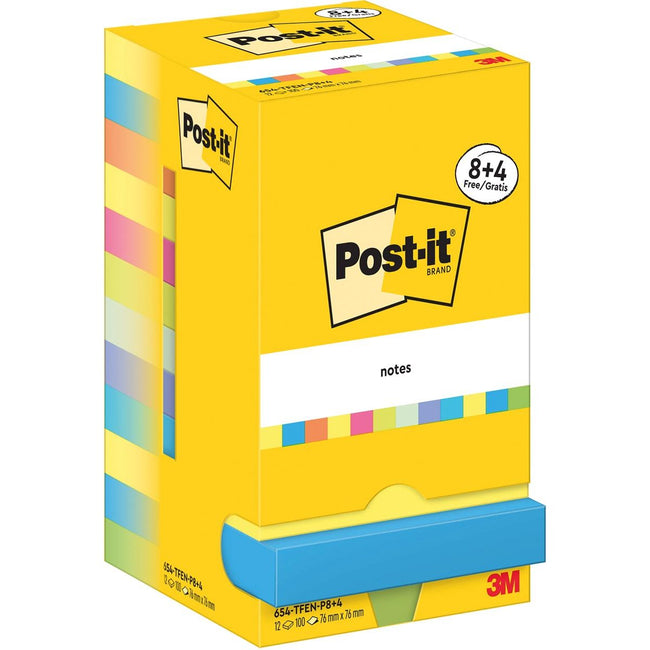 Post-it -   Notes Energetic, 100 vel, ft 76 x 76 mm, 8 + 4 GRATIS