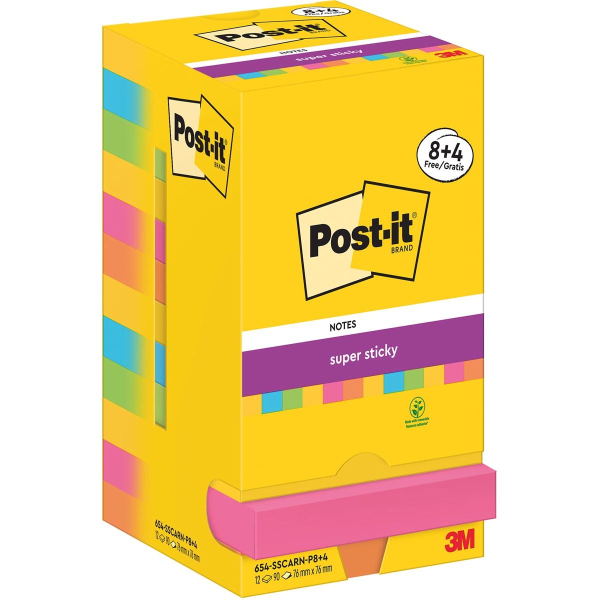 Post-it – Super Sticky Notes Karneval, 90 Blatt, 76 x 76 mm, 8 + 4 GRATIS