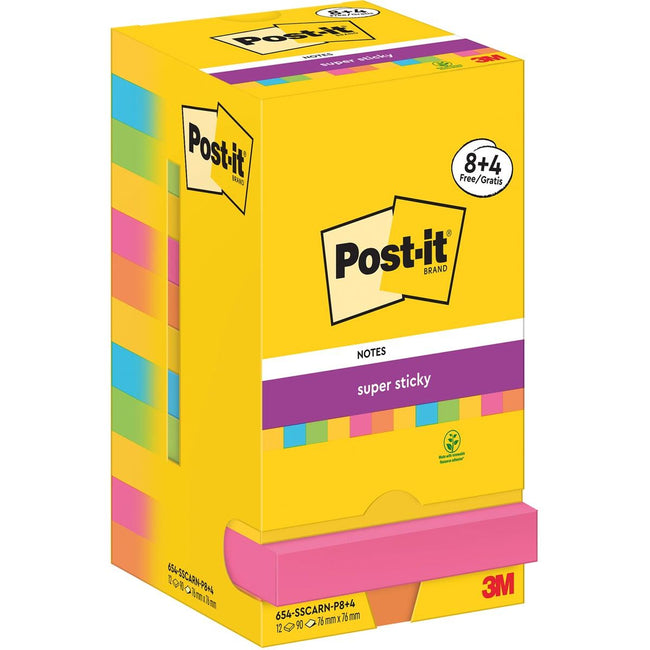 Post-it – Super Sticky Notes Karneval, 90 Blatt, 76 x 76 mm, 8 + 4 GRATIS