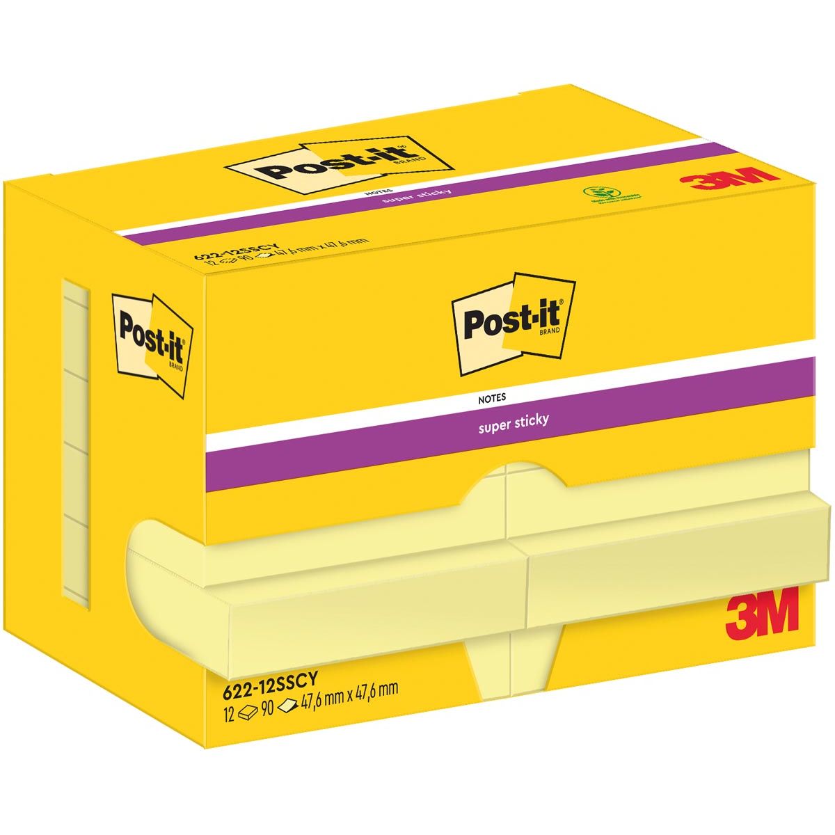 Post-it Super Sticky -   Notes, 90 vel, ft 47,6 x 47,6 mm, geel, pak van 12 blokken