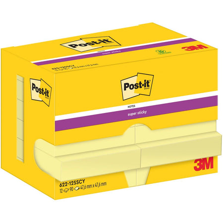 Post-it Super Sticky -   Notes, 90 vel, ft 47,6 x 47,6 mm, geel, pak van 12 blokken