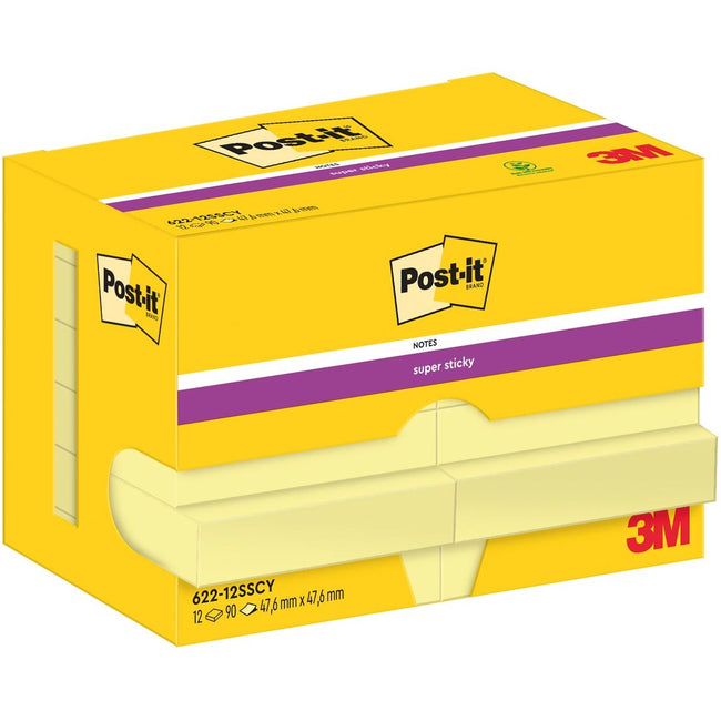 Post-it - Super Sticky Notes, 90 feuilles, pi 47,6 x 47,6 mm, jaune, paquet de 12 blocs