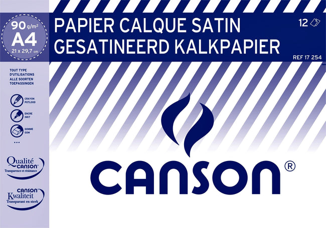 Canson - Papier calque satiné 12 feuilles 90gr A4 translucide