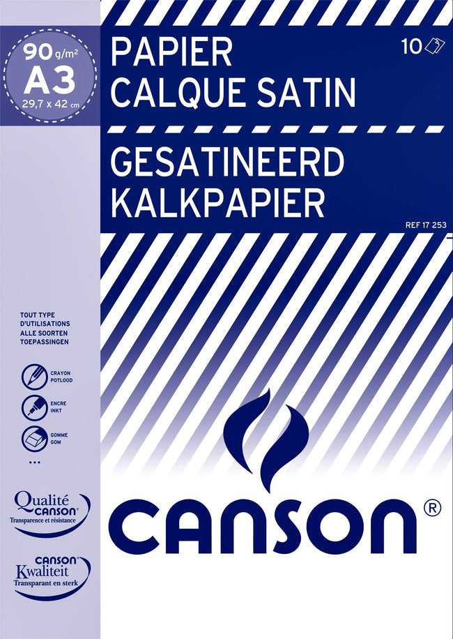 Canson - Papier calque satiné 10 feuilles 90gr A3 translucide