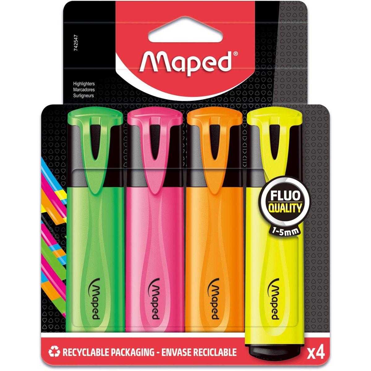 Maped -  markeerstift Fluo'Peps Classic etui van 4 stuks: geel, oranje, roze en groen