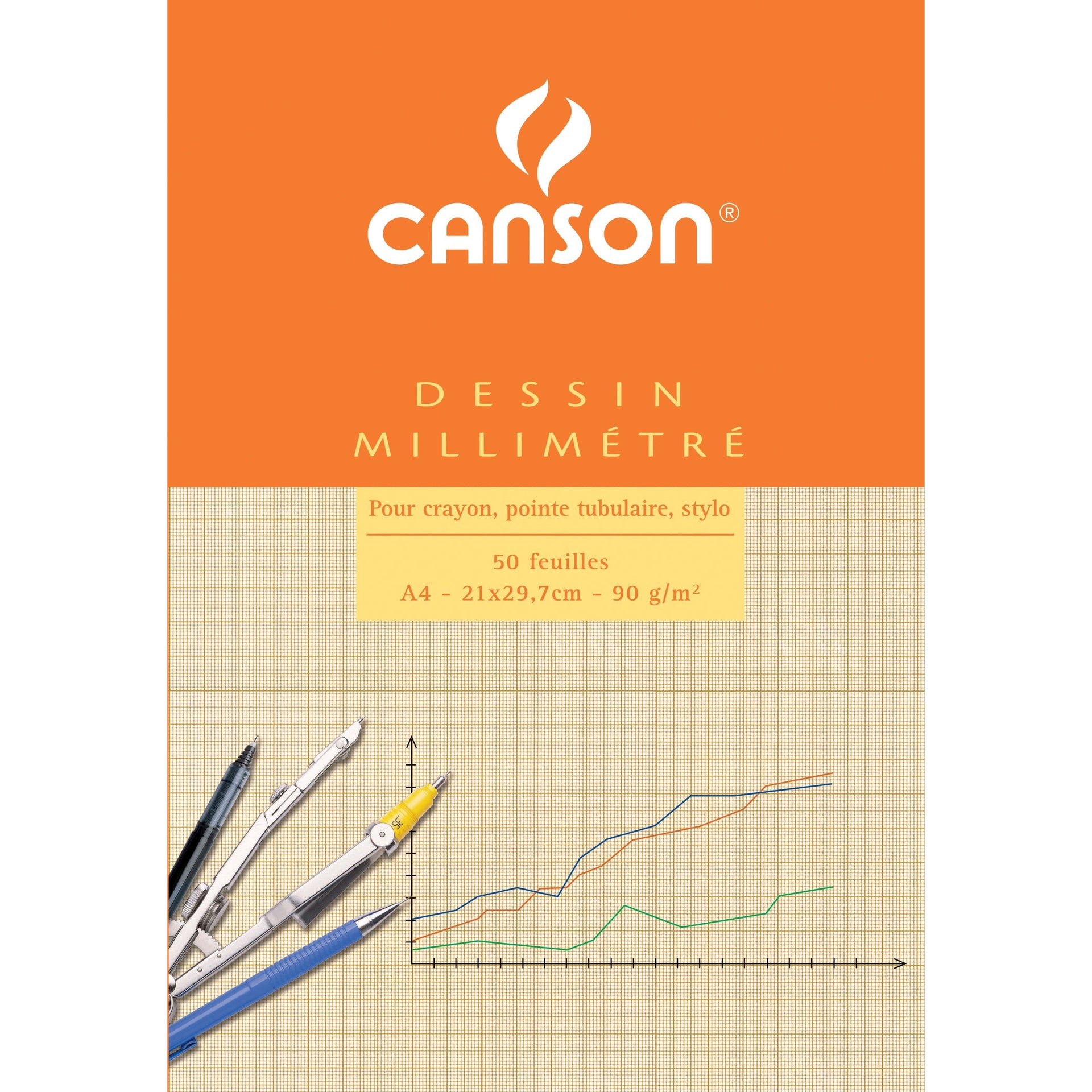 Canson - Papier millimétré marron jaune imprimé 50 feuilles 90gr A4 blanc | 10 pièces