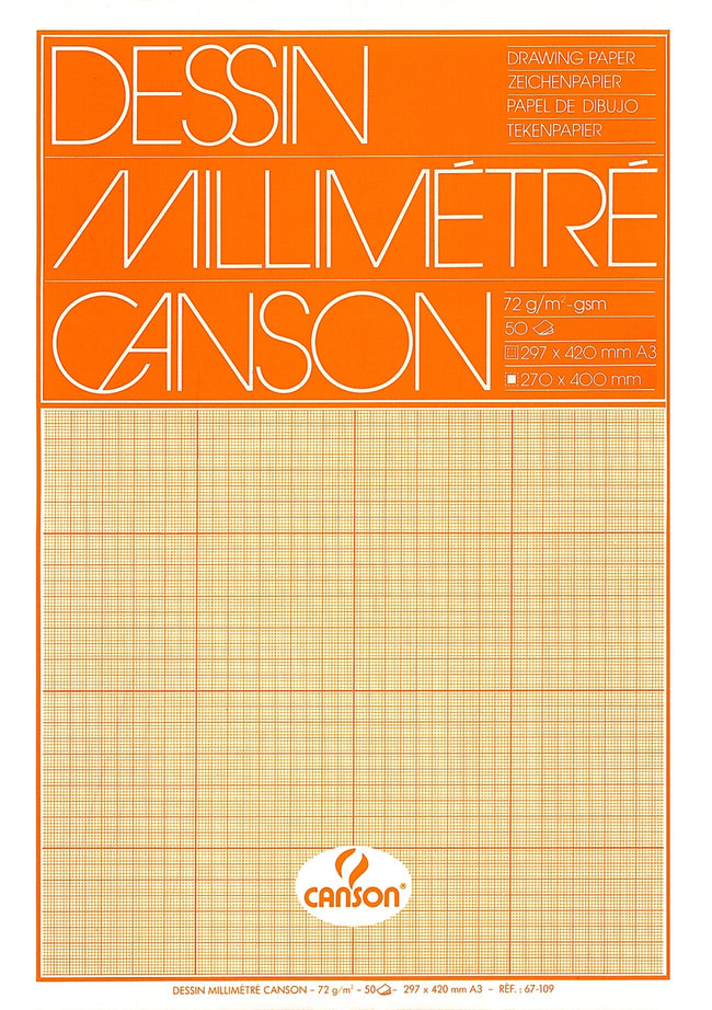 Canson - Papier millimétré marron jaune imprimé 50 feuilles 72gr A3 blanc | 10 pièces