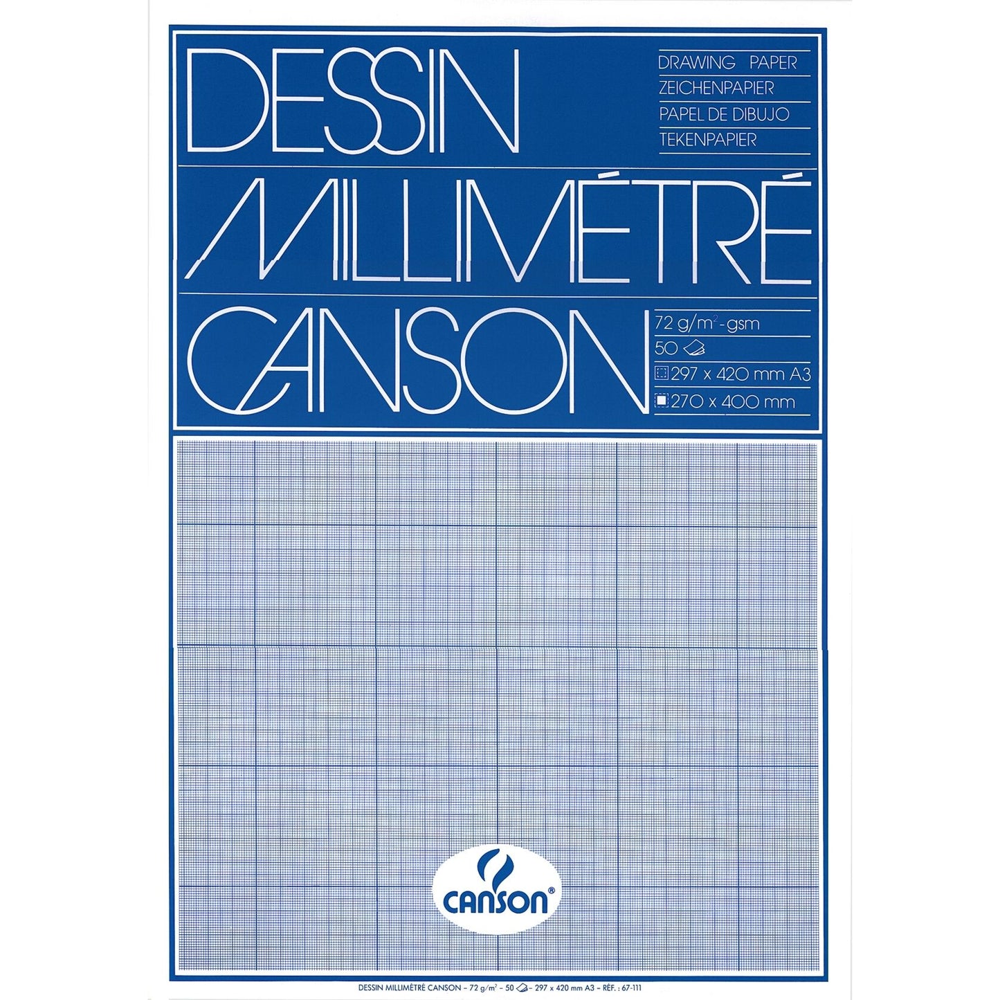Canson - Millimeterpapier hellblau bedruckt 50 Blatt 72gr A3 weiß