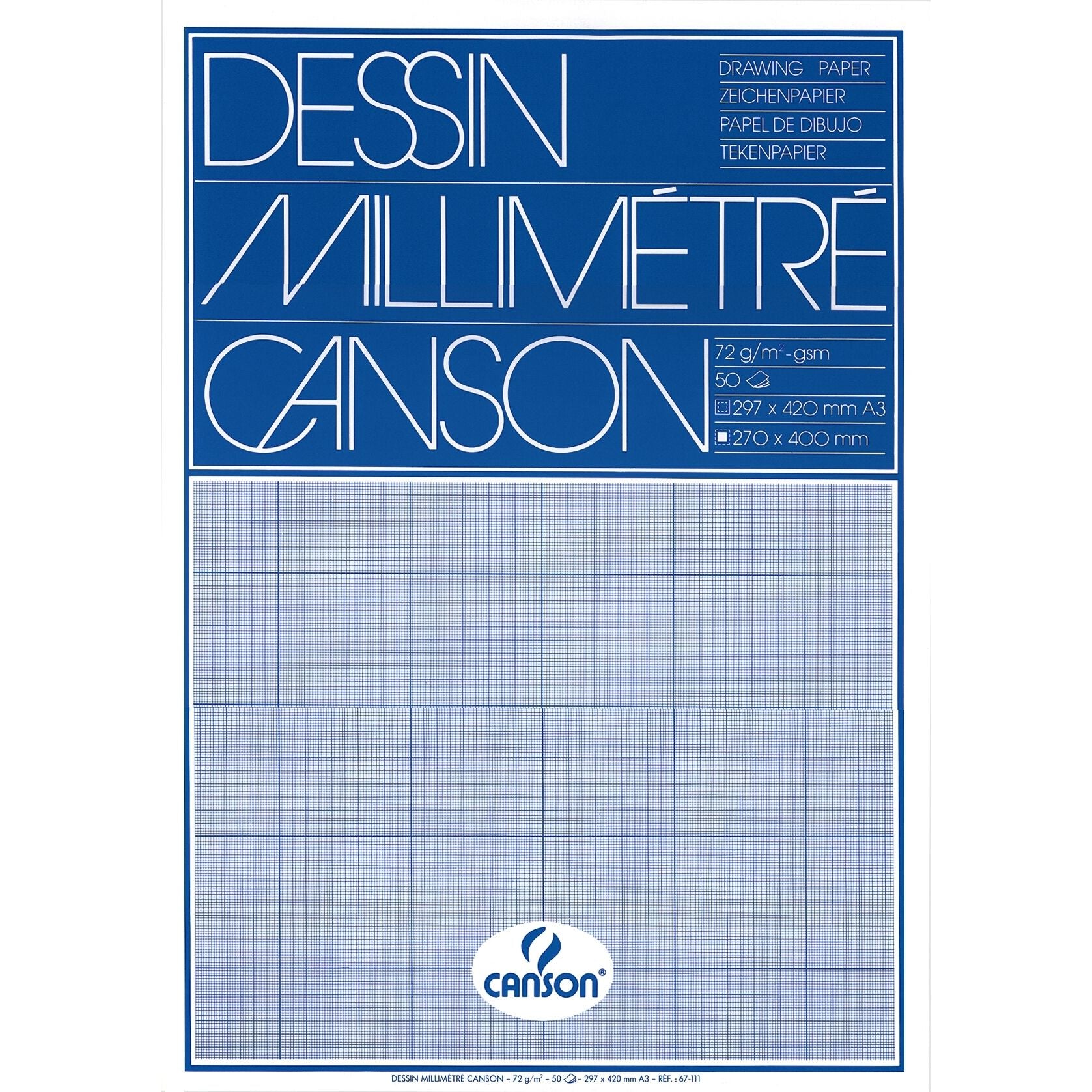 Canson - Millimeterpapier hellblau bedruckt 50 Blatt 72gr A3 weiß