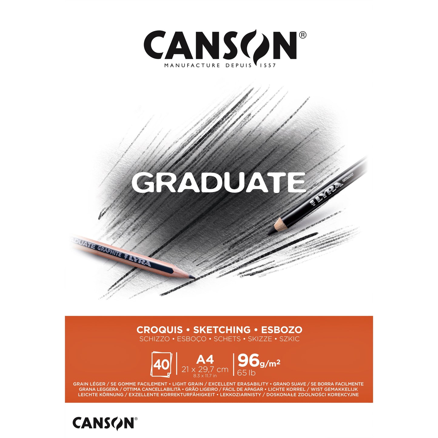 Canson - Papier à croquis Graduate Sketch 40 feuilles 96gr A4 blanc naturel | 5 pièces