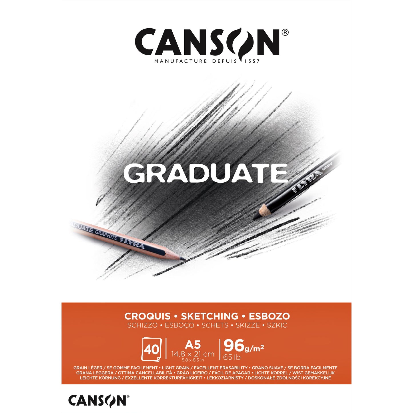 Canson - Papier à croquis Graduate Sketch 40 feuilles 96gr A5 blanc naturel | 5 pièces