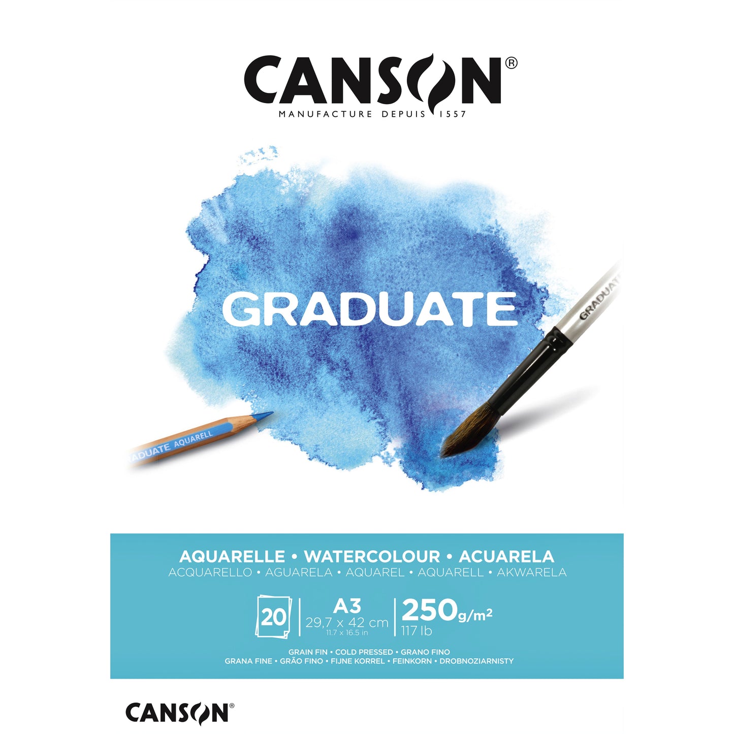 Canson - Aquarellpapier Graduate Watercolour 20 Blatt 250gr A3 naturweiß | 5 Stück
