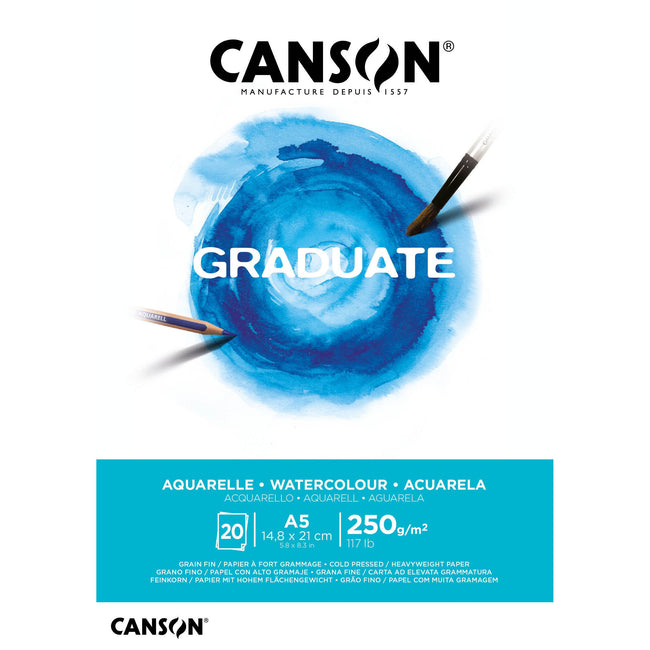 Canson -  Aquarelpapier Graduate Watercolour 20vel 250gr A5 natuurlijk wit | 5 stuks