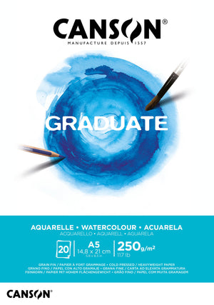 Canson - Papier aquarelle Graduate Aquarelle 20 feuilles 250gr A5 blanc naturel | 5 pièces