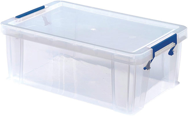 Bankers Boîte - Boîte de rangement 10 litres, transparente avec des poignées bleues, ensemble de 4 pièces emballées dans le carton