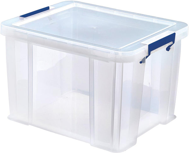 Bankers Box - Boîte de rangement 36 litres, transparente avec des poignées bleues, ensemble de 3 pièces emballées en carton