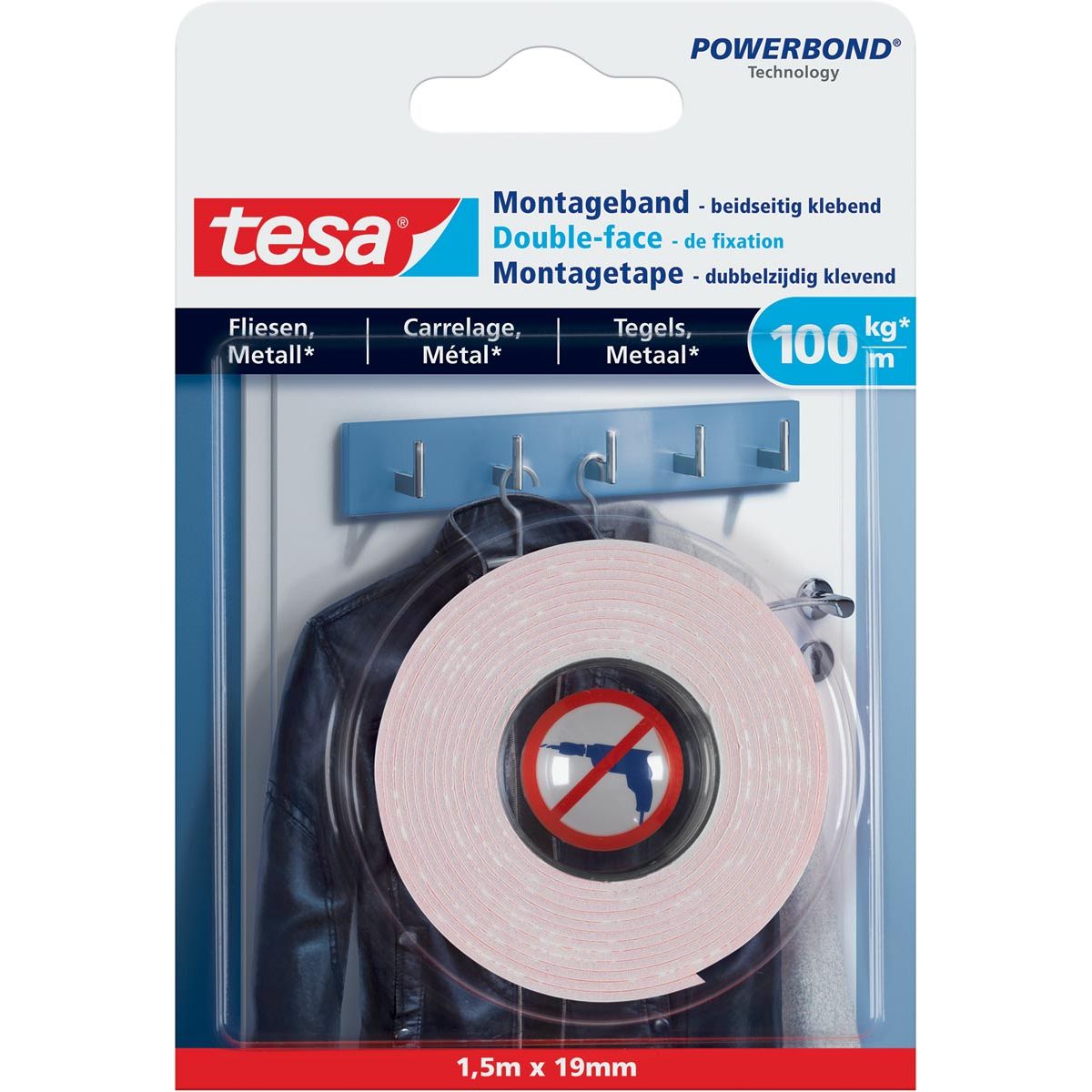 Tesa -  Powerbond montagee Tegels en Metaal, 19 mm x 1,5 m