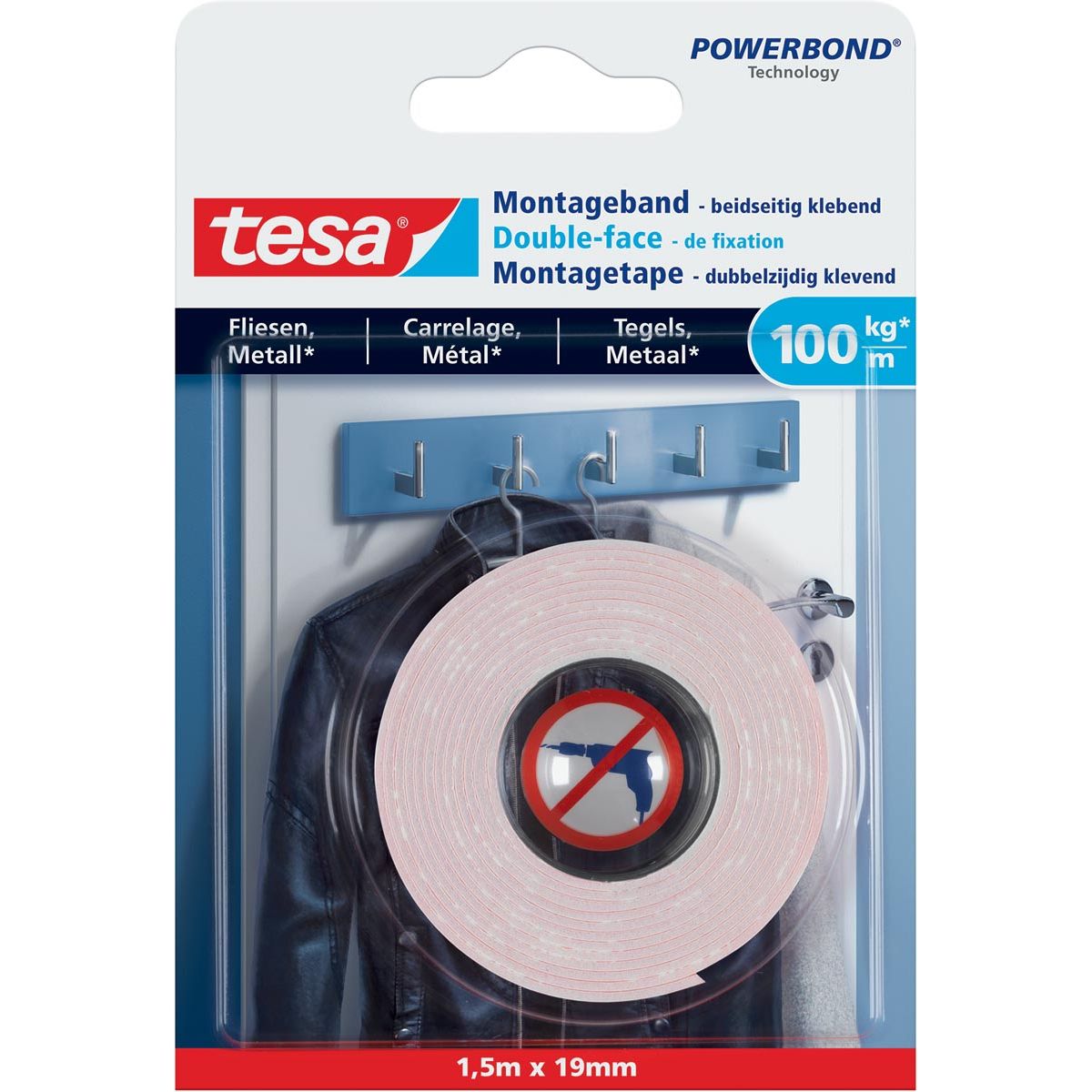 Tesa - Powerbond montagee Tegels en Metaal, 19 mm x 1,5 m