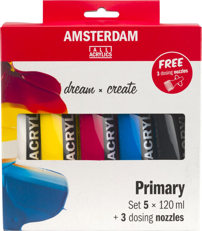 Amsterdam - peinture acrylique primaire 120 ml, 5 tubes + 3 becs verseurs