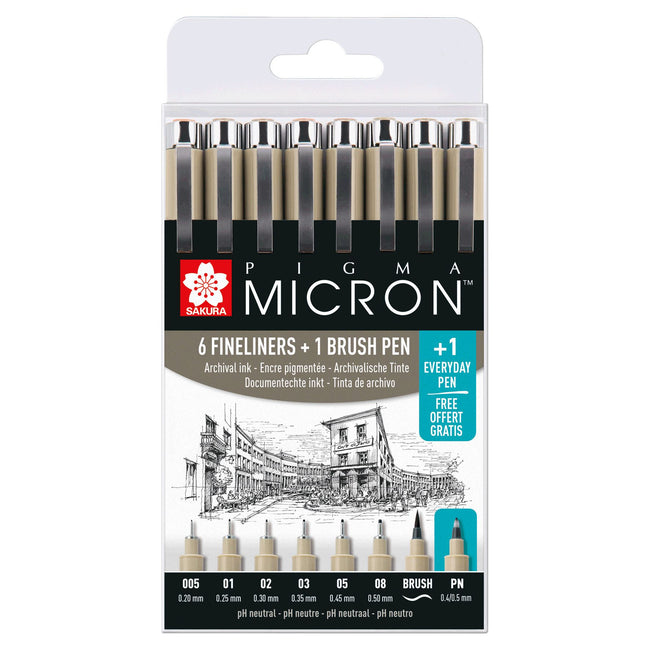 Sakura -  Fineliner brush set Pigma Micron 7 + 1 Pigma Micron PN gratis | 6 stuks