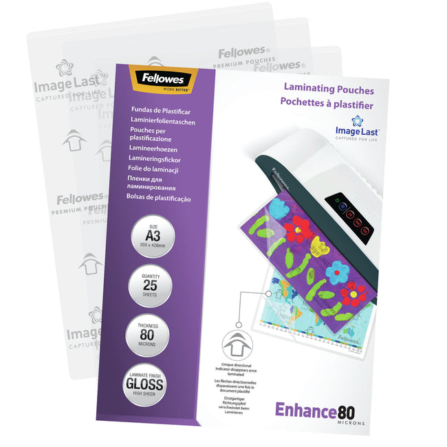 Fellowes - pochettes de plastification Enhance80 ft A3, 160 microns (2 x 80 microns), brillantes, paquet de 25
