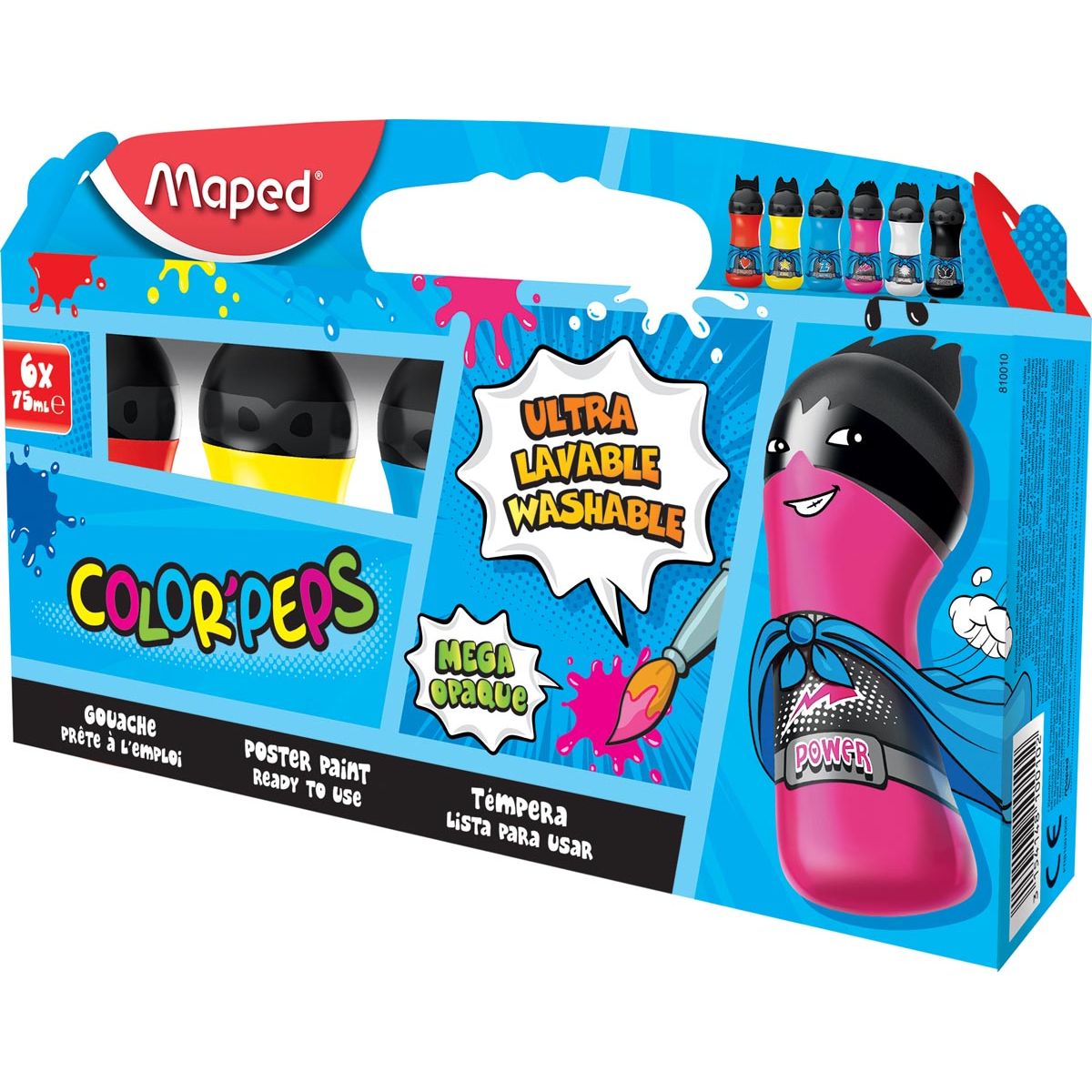 Maped -  Color'Peps plakkaatverf, ophangdoos met 6 flacons van 75 ml in primaire geassorteerde kleuren