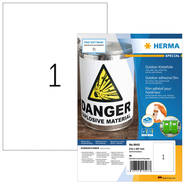 HERMA - Etiket herma 9543 210x297mm a4 polyester 40st wit