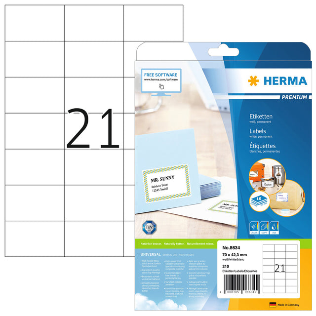 HERMA -  Etiket  8634 70x42.3mm premium wit 210 stuks