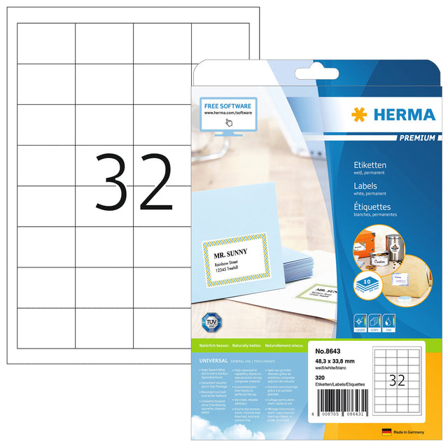 HERMA -  Etiket 8643 48.3x33.8mm premium wit 320 stuks