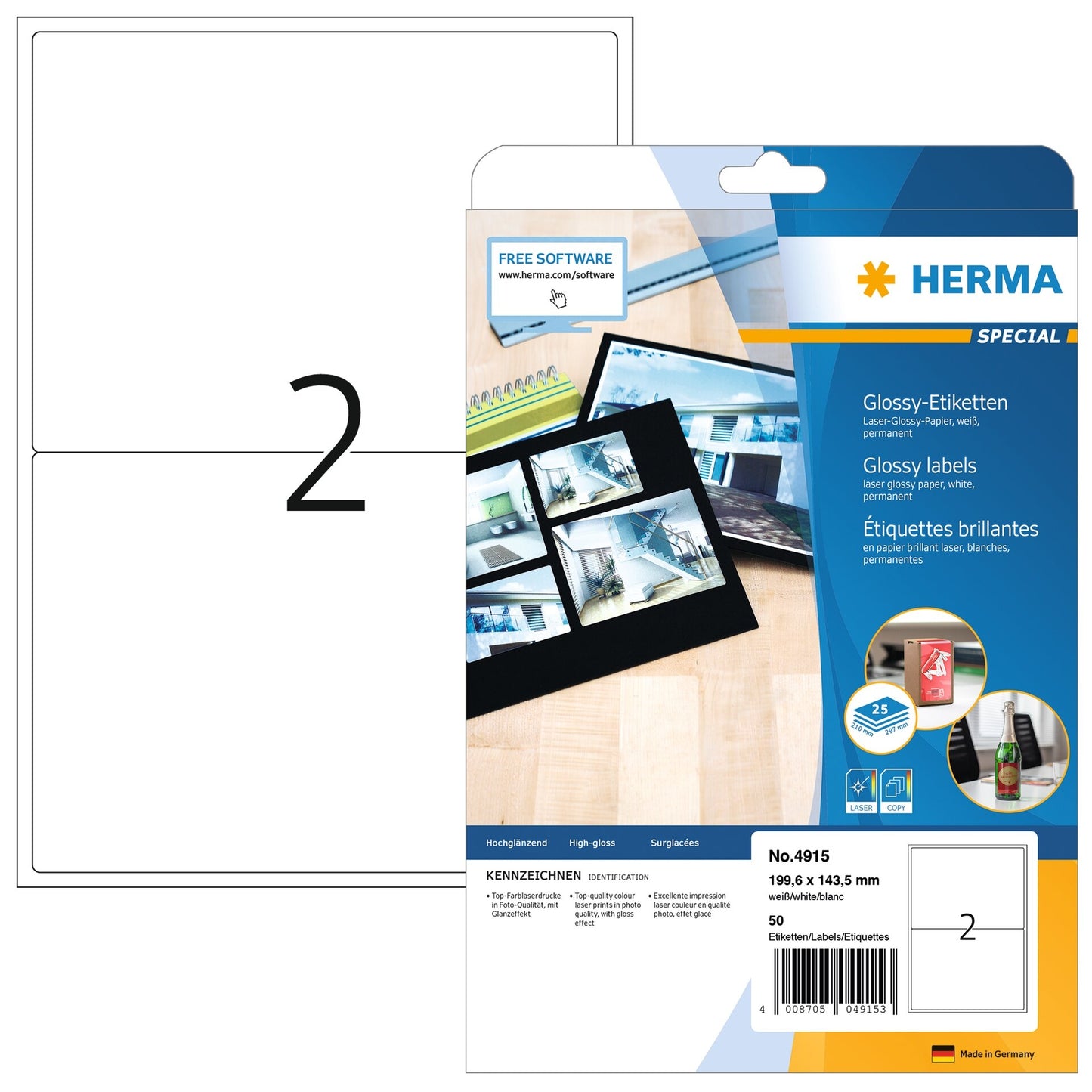 HERMA -  Etiket 4915 199.6X143.5mm glossy wit 50 etiketten