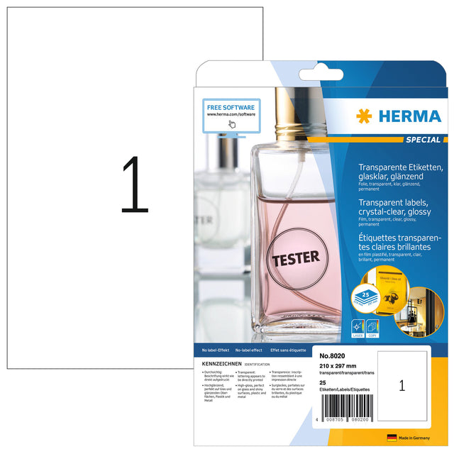 HERMA - Etiquette 8020 210x297mm transparente 25 étiquettes
